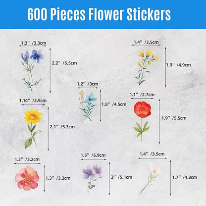 600Pcs Natural Flower Stickers,Self-Adhesive PVC Vintage Flower Stickers for Scrapbook,Laptop,Journal,DIY Project