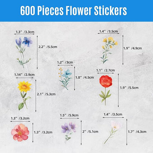 600Pcs Natural Flower Stickers,Self-Adhesive PVC Vintage Flower Stickers for Scrapbook,Laptop,Journal,DIY Project