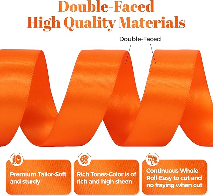 Double Faced Orange Satin Ribbon, 7/8 Inch X 50 Yards Polyester Ribbon for Gift Package Wrapping, Crafts, Bow Making, Sewing, Flower Bouquet, Wedding Party Decor
