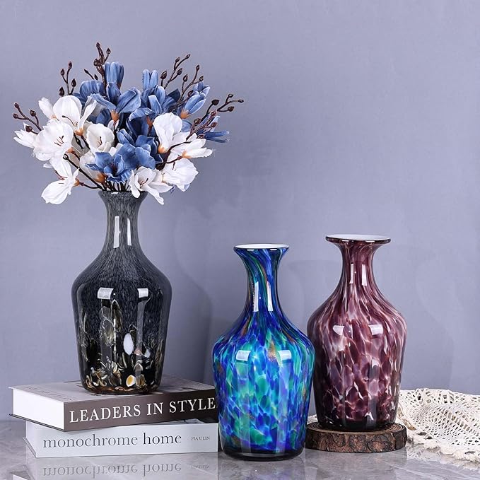 Hand Blown Glass Vase Smoke Gray – Murano Style Art Glass Vase with Rounded Belly and Wide Mouth, Bubble Vase, Elegant Centerpiece for Floral Arrangements in Dining or Living Room (Gray)