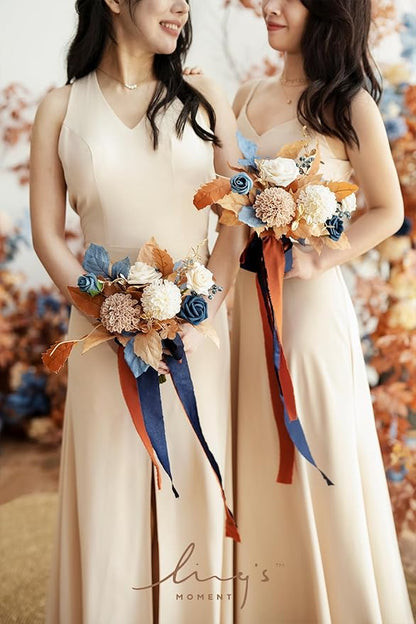 Ling's moment Artificial Flowers Orange & Navy Bridesmaid Bouquet Set of 6, Orange Wedding Flowers Bouquets for Bridesmaids, 7 Inch Bridal Bouquets for Bridesmaids, Wedding, Decor, etc