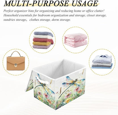 senya Baskets Collapsible Storage Bins with Lids, Dragonfly Wildflowers Painting Storage Boxes Clothes Baskets for Organizing, B06D22020