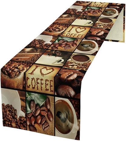 Vintage Coffee Theme Table Runner Happy Coffee Time Beans Dinner Runner Table Decoration for Farmhouse Cabin Home Kitchen Dining Holiday Party 13x108in