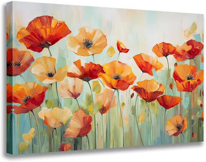 GLOKAKA Vibrant Poppies Wall Art Floral Red and Orange Watercolor Poppy Flower Painting Print Canvas Artwork For Living Room Bathroom Dinning Room Decor (Vibrant Poppies, 36"x24")
