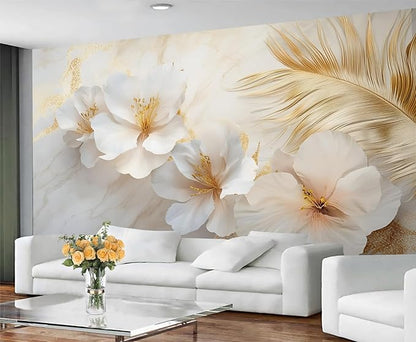 White Flowers Marble Wall Mural, Luxury Floral 3D Wall Murals, Elegant Gold Leaf Design Wallpaper Mural, for Living Room Bedroom Large Wallpaper Indoor Decor 98.4" W x68.9 H