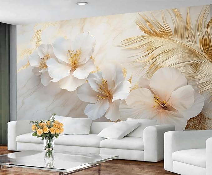 White Flowers Marble Wall Mural, Luxury Floral 3D Wall Murals, Elegant Gold Leaf Design Wallpaper Mural, for Living Room Bedroom Large Wallpaper Indoor Decor 59" W x39.4 H