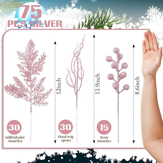 75 Pcs Christmas Glitter Branches 3 Styles Artificial Christmas Picks Berries Stems Pine Needles Floral Twig Spray for Xmas Tree Ornaments DIY Wreath Garland(Light Pink)