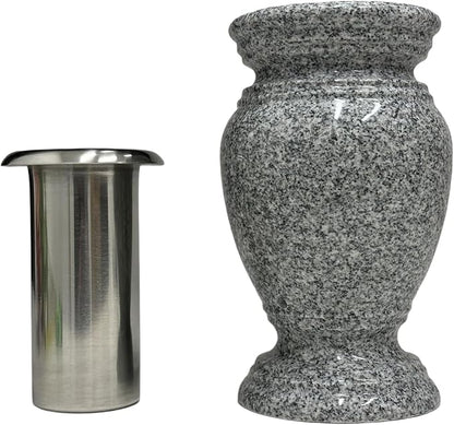 Memorial Cemetery Flower Vase - Real Granite (Grey Granite), with Stainless Steel Inner, Grave Marker, Decorations for Gravesite, Headstone Flowers Holder, Garden Lawn & Yard (5.5x5.5x9)