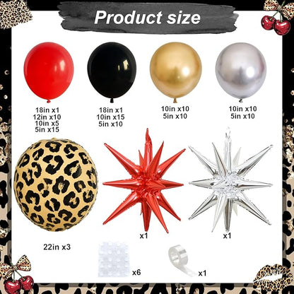 Red Black Gold Balloon Arch Garland Kit Leopard Cheetah Print Party Balloons Black Red Metallic Silver Gold Explosion Star Balloon for Girl Night Bachelorette New Year Casino Birthday Party Decoration