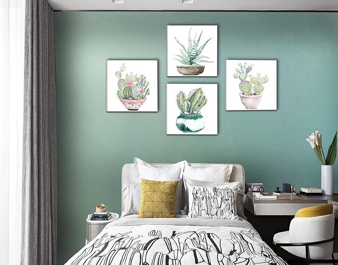 Succulent Plants Bathroom Decor Wall Art, Green Cactus Pictures Canvas Print, Botanical Paintings for Bedroom Living room Office Decoration - 16" X 16"