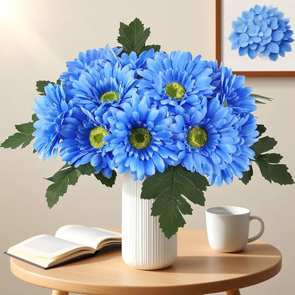 IPOPU 2 Bundles Artificial Gerbera Daisy Flowers 14 Heads Blue Fake Daisy with Stems Faux Silk Daisy Flowers for Wedding Bridal Bouquet Party Floral Arrangements Table Centerpiece Decor (Blue)