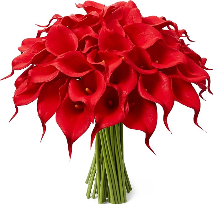 24 Pcs Red Artificial Calla Lily Flowers Fake Red Silk Flowers Real Touch for Wedding Bouquet Office Home Kitchen Decor