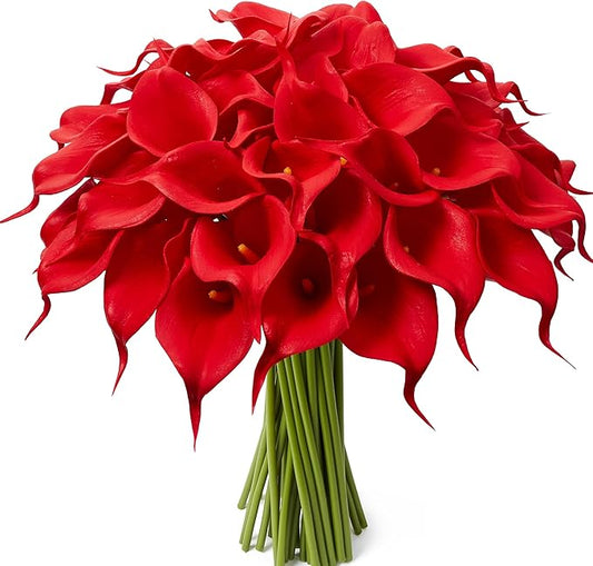 24 Pcs Red Artificial Calla Lily Flowers Fake Red Silk Flowers Real Touch for Wedding Bouquet Office Home Kitchen Decor