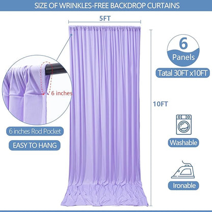 30x10ft Wrinkle Free Lavender Backdrop Curtain for Parties Soft Fabric Drapes Wedding Curtain Backdrop for Birthday Party Decorations Background for Photography 5x10ft,6 Panels