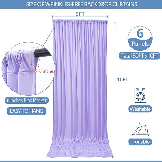 30x10ft Wrinkle Free Lavender Backdrop Curtain for Parties Soft Fabric Drapes Wedding Curtain Backdrop for Birthday Party Decorations Background for Photography 5x10ft,6 Panels