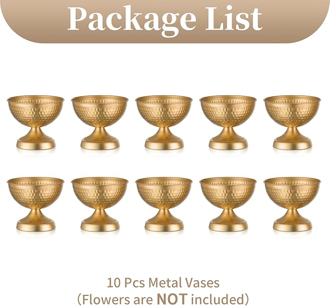Sziqiqi Urn Vases for Wedding Centrepiece - 6in High Gold Metal Vase Set of 10 Small Vintage Flower Arrangement Pots for Table Centrepieces Elegant Hammered Vase for Christmas Anniversary Party