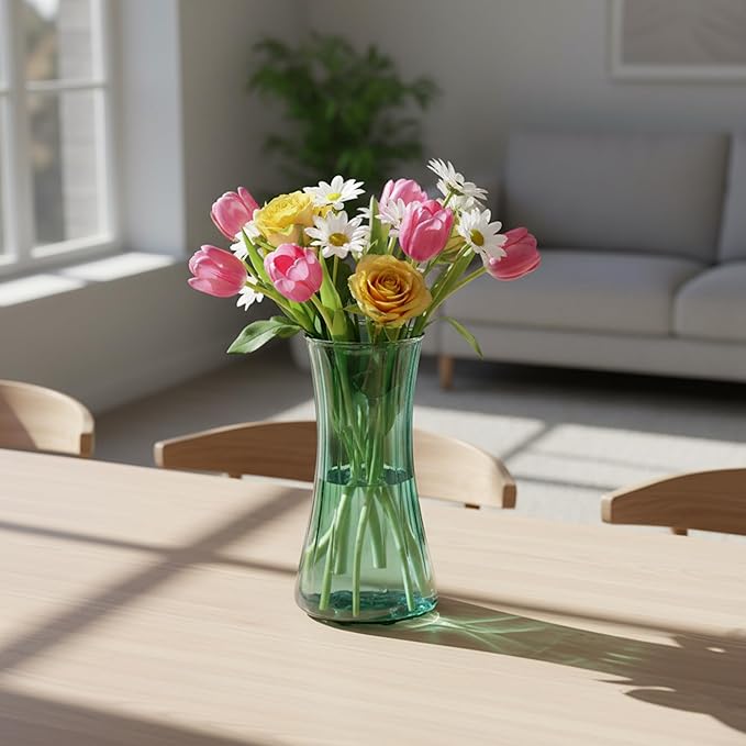 9 in.Tall Mint Green Glass Flower Vase - Modern Ribbed Hourglass Shape,Wide Opening Decor for Home Living Room, Dining Table, Wedding Gift