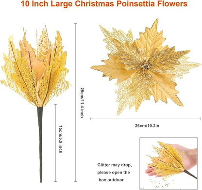 10'' Large Christmas Glitter Poinsettia Flowers Decorations, stadeco 10 Pcs Christmas Tree Picks Ornaments Artificial Flowers with Long Stems for Xmas Tree Wreath Garland Wedding Party DIY Decor