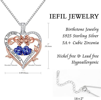 Iefil Rose Heart Double Birthstone Necklace Gifts for Wife Her Mom Women, Birthstone Jewelry Gemstone Birthday Gifts for Girlfriend Grandma Her Wife Women