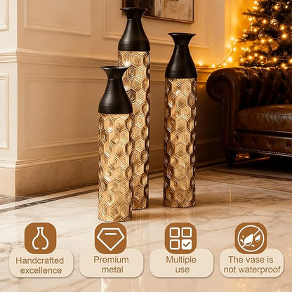 Set of 3 Large Floor Vases, Modern Gold Black Metal Vases for Home Decor, Glazed Decorated Tall Vases 24.8 29 33.8 Inch for Wedding Living Room