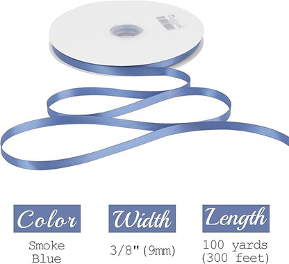 MEEDEE Blue Ribbon 3/8 Inch Smoke Double Faced Satin Silk Dusty Wedding Ribbon for Gift Wrapping, Hair, Lei Making, Card Making, 100 Yards