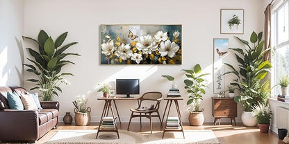 Wall Art Modern Flower Artwork Paintings White Blossom Gold Leaf Butterfly Landscape Picture wall Decor for Living Room Bedroom Kitchen 40"x79" with Framed