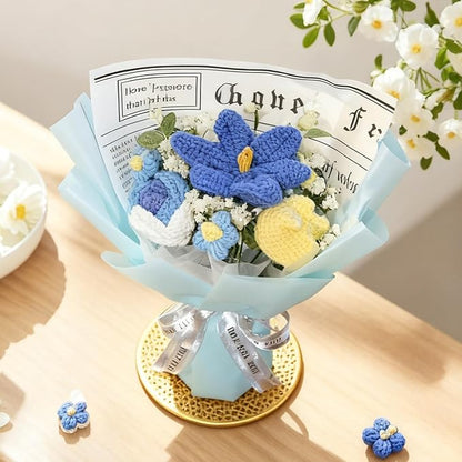 Crochet Flower Bouquet Blue Knitted Flowers Tulips and Blue Roses Daisies Handmade Crochet Flowers Knitted Bouquet Home Decor, Anniversary, Birthday Gift，Mother's Day Graduation Gifts(blue)