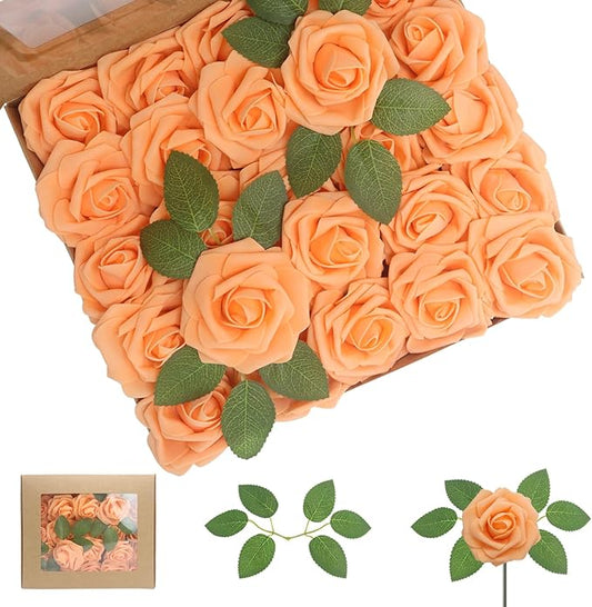 100PCS Orange Artificial Flowers Roses Real Looking Foam Fake Roses with Leaves and for DIY Wedding Bouquets Bridal Shower Centerpieces Party Decorations (Orange, 100)