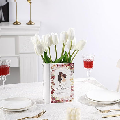 Ceramic Book Vase for Flowers, Book Flower Vases White, Book Shaped Vase, A Book About Flowers Vase, Decorative Ceramic Vases for Home, Office, Dining Table(Pride)