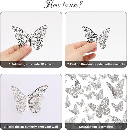 144 Pcs 3D Butterfly Wall Stickers Decor 6 Styles 3 Sizes, Silver Removable Butterfly Decals Room Wall Decor for Kids Nursery Classroom, Wedding, Party, Baby Shower
