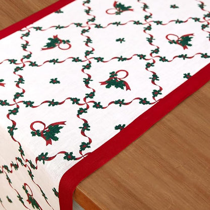 Solino Home 100% Pure Linen Christmas Table Runner 108 Inches Long - Red and Green Table Runner 14 x 108 Inch - Handcrafted and Machine Washable - Holly Ribbon Print