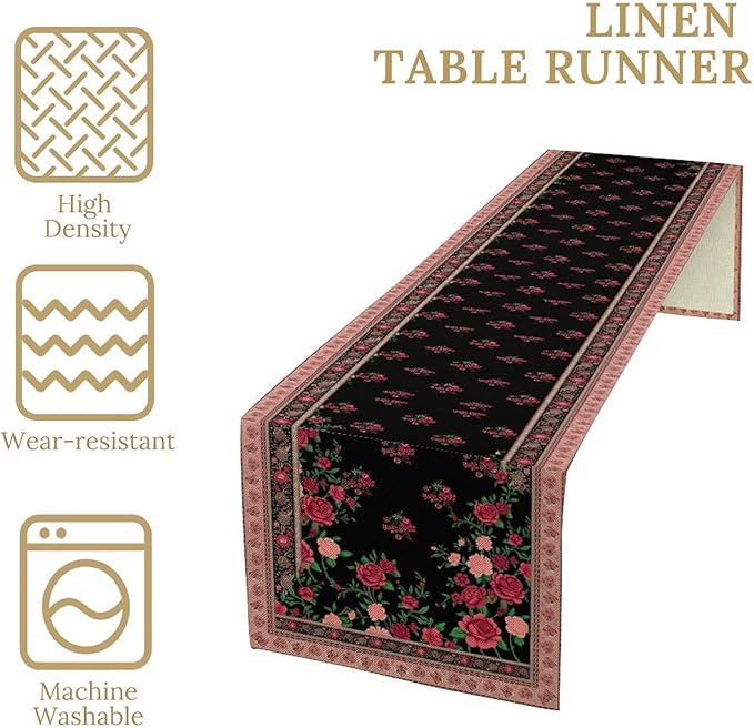 Romantic Rose Table Runner, Black Red Floral Blossoms Farmhouse Rustic Decor Table Runner for Kitchen Dining Home Party Wedding, 13x70 Inch