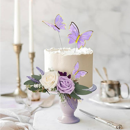 Rinlong 3Pcs Pre-made Purple Cake Flowers Decorations Flower Cake Topper Butterfly Cake Decorating Flowers for Wedding Sweet 16 Birthday Girl