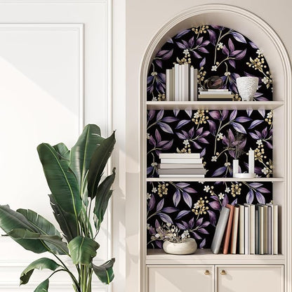 Dark Peel and Stick Wallpaper Vintage, Black Purple Leaf Removable Self-Adhesive Vinyl for Bathroom Bedroom Kitchen Drawer Cabinet, Golden Floral Pattern Wall Decor Retro Style 17.5" x 118"