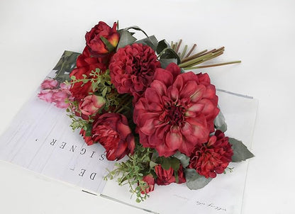 Peonies Artificial Flowers 2 Bouquets Red Dahlia with Peonies 18stems Silk Peonies Flowers with Stems Real Look Fake Dahlia Peonies Flowers Artificial for Decoration for Wedding Bouquet (Red)