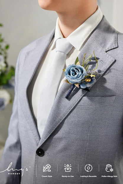 Ling's moment Boutonniere for Men, 6pcs Groom Groomsmen Boutonniere, Artificial Flowers for Wedding Decor/Prom/Homecoming, etc.Blue