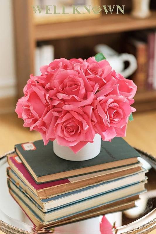 WELL KNOWN Artificial Flowers in Vase, Silk Rose Arrangement Mini Potted Realistic Fake Flowers with Ceramic Vase for Wedding Vanity Home Centerpiece Coffee Table Bathroom Anniversary Decor (Hot pink)