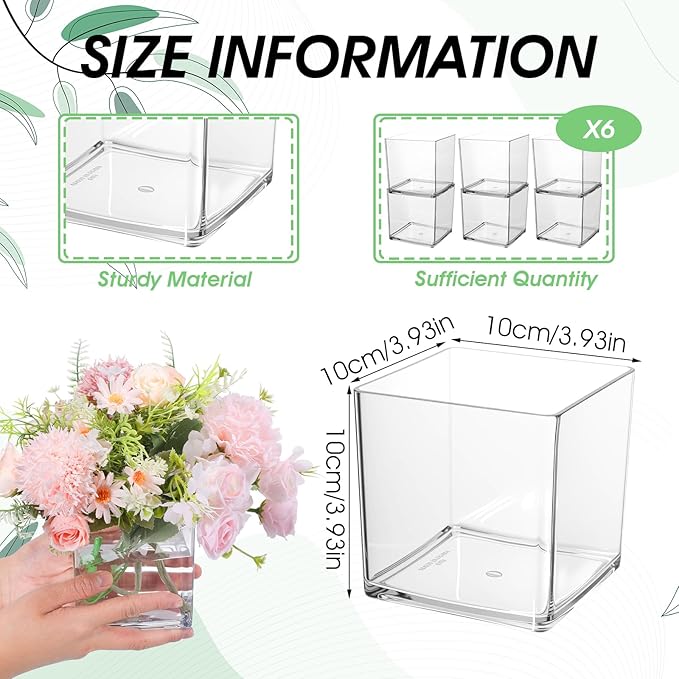 6 Pcs Square Acrylic Vase 4" x 4" Plastic Flower Acrylic Vases for Centerpieces Plastic Vase Cube Bulk Succulent Pots Planter Clear Square Vases for Centerpieces Plant Wedding Home Office Floral Decor