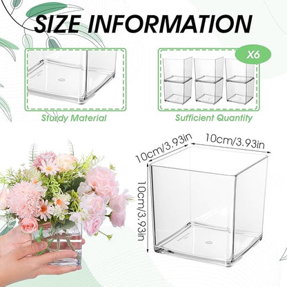 6 Pcs Square Acrylic Vase 4" x 4" Plastic Flower Acrylic Vases for Centerpieces Plastic Vase Cube Bulk Succulent Pots Planter Clear Square Vases for Centerpieces Plant Wedding Home Office Floral Decor