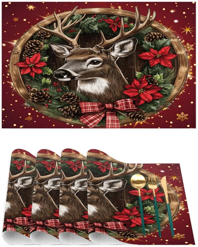 Xmas Christmas Reindeer Poinsettia Red Placemats Set of 6 PVC Vinyl Non Slip Table Mats Heat Resistant Place Mats Washable Wipeable Dining Table Mat for Kitchen Party Indoor Outdoor Decorative Gift