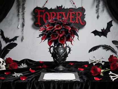 24 Pcs Artificial Calla Lily Flowers Fake Silk Flowers Real Touch for Halloween Wedding Bouquet Office Home Kitchen Decor (Black Red)