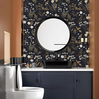 Dark Floral Wallpaper Peel and Stick 17.5in x 197in Vintage Navy Gold Leaf Wallpaper Vinyl Waterproof Self-Adhesive Dark Blue Botanical Wall Paper Mural for Bookcase Bedroom Cabinet Decor