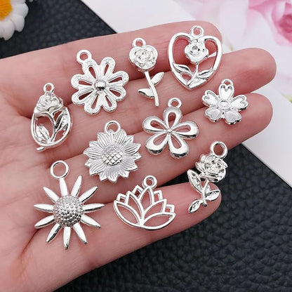 WOCRAFT 60pcs Bright Silver Flowers Bracelet Charms for Jewelry Making Sets DIY Necklace Bracelet Keychain Crafting Charms Kit Craft Supplies (SN879)