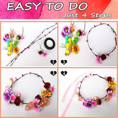 WUBOMJIO Flower Crowns Craft Kit, Make Your Own 12 PCs Floral Crowns Garland Handmade Arts and Crafts for Kids, DIY Fairy Flower Headbands and Bracelets,Hair Accessories for Girls/Teens/Women