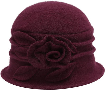 ZLYC Women Wool Cloche Bucket Hat 1920s Vintage Dress Winter Hats with Flower Accent