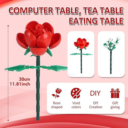780 PCS Red Rose Building Flower Bouquet Kit for Adults & Kids, DIY Artificial Flowers Set for Home Decor, Desk Display, Gifts for Women, Girls (Rose)