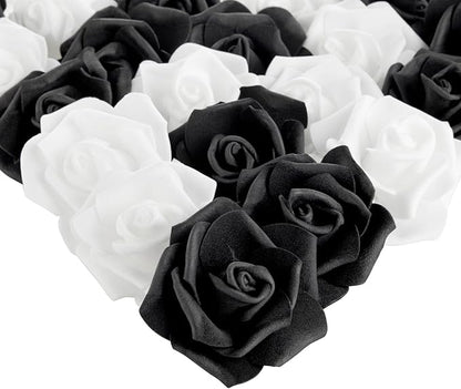 Bright Creations Black & White Roses Stemless Foam Rose Heads - 100 Pack, 3 in Polyethylene Craft Foam - Faux Flowers for DIY Arrangements & Wedding Flowers