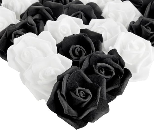 Bright Creations Black & White Roses Stemless Foam Rose Heads - 100 Pack, 3 in Polyethylene Craft Foam - Faux Flowers for DIY Arrangements & Wedding Flowers