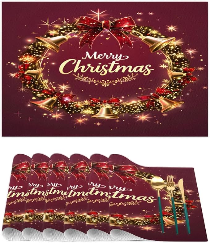 Xmas Christmas Bells Red Placemats Set of 1 PVC Vinyl Non Slip Table Mats Heat Resistant Place Mats Washable Wipeable Dining Table Mat for Kitchen Decor Party Indoor Outdoor Decorative Gift