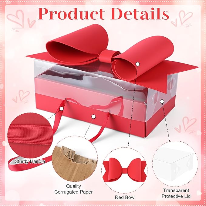 AceOrbit 2 Set Flower Gift Box with Bow Paper Empty Large Red Gift Baskets with Lid and Handle Squared Cardboard Fillable Present Chocolate Packaging for Christmas Valentine Birthdays Bridal Wedding